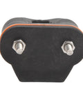 Front view of Tbest cam cleat rope cleat in black nylon with orange edge and two bolts.