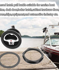 Durable marine cam latch with flush mount fits 2.5 inch hole displayed on a boat dock next to a red boat.