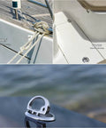 Two Piece marine cam latch set in 316 stainless steel with two keys and straight plus offset arms for secure boat hatch closures shown on a yacht deck.