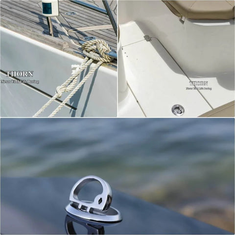 Two Piece marine cam latch set in 316 stainless steel with two keys and straight plus offset arms for secure boat hatch closures shown on a yacht deck.