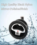 Durable marine cam latch with flush mount fits 2.5 inch hole in black nylon and stainless steel, front view