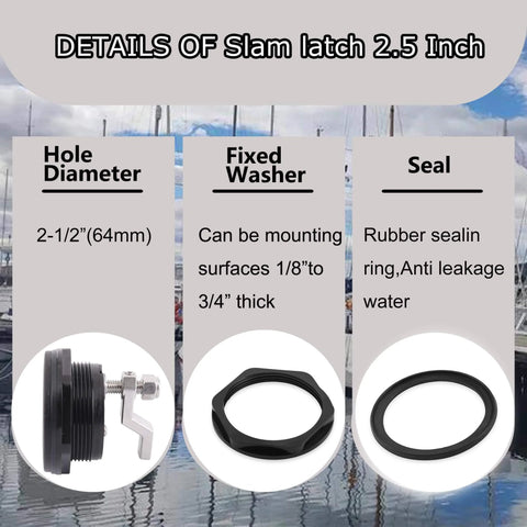 Details of marine cam latch showing 2.5 inch hole diameter, fixed washer, and seal for durable marine cam latch with nylon body and 316 stainless steel cam bars delivers secure, flush mount locking for 2.5 inch hole cutouts, ensuring corrosion resistance, easy installation, and long service life on boats.