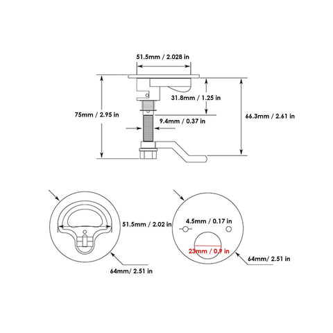Boat hatch latch, front view, marine-grade 316 stainless with adjustable arm and red dot indicator for 2.05in hole.