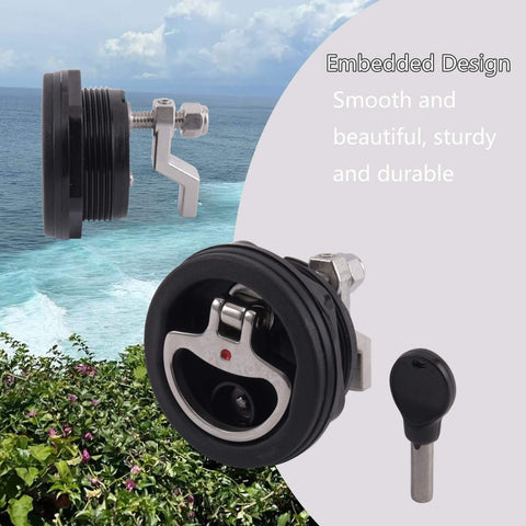 Durable marine cam latch with nylon body and 316 stainless steel cam bars visible with key and beach background