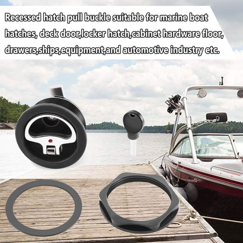 Durable marine cam latch with nylon body and 316 stainless steel cam bars for 2.5 inch hole cutouts on dock next to boat.