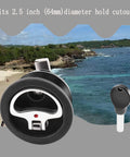 Durable marine cam latch with nylon body and 316 stainless steel cam bars, flush mount, 2.5 inch hole, ocean background.