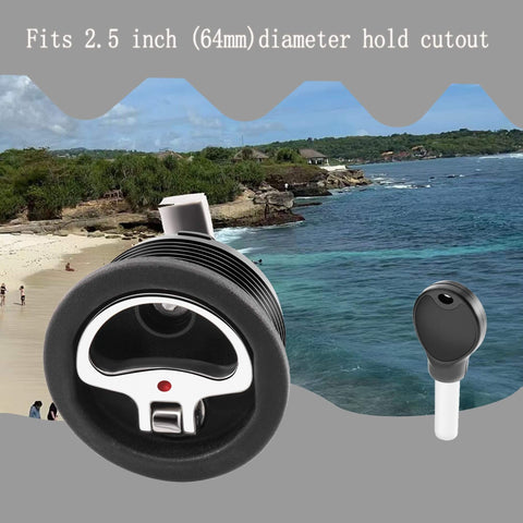 Durable marine cam latch with nylon body and 316 stainless steel cam bars, flush mount, 2.5 inch hole, ocean background.