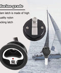 Durable marine cam latch with nylon body and 316 stainless steel cam bars for 2.5 inch hole, shown in various angles.