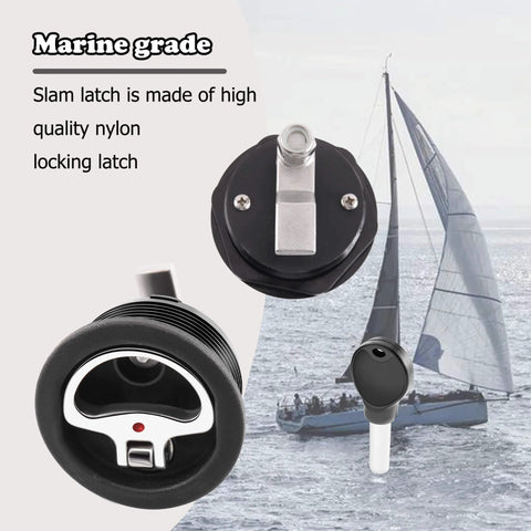 Durable marine cam latch with nylon body and 316 stainless steel cam bars for 2.5 inch hole, shown in various angles.