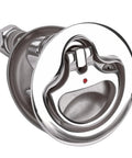 Stainless steel marine cam latch for boats with red indicator and mounting screws (front view)