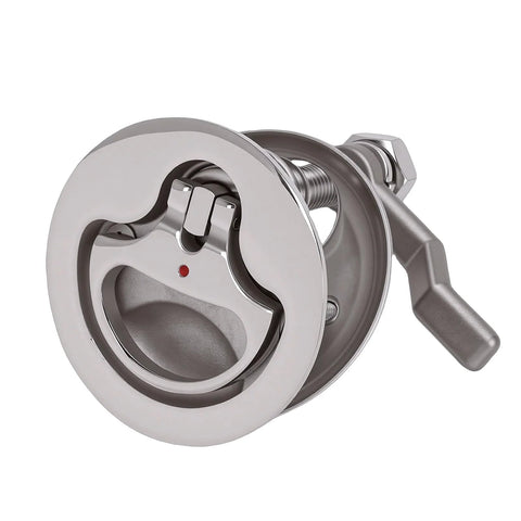 Front view of a marine-grade 316 stainless steel cam latch with red indicator dot and mounting screws.