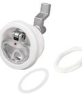 Front view of Marine Grade White Nylon Boat Cam Latch With O Handle Flush Mount Fits Two And A Half Inch Hole Non Locking Latch