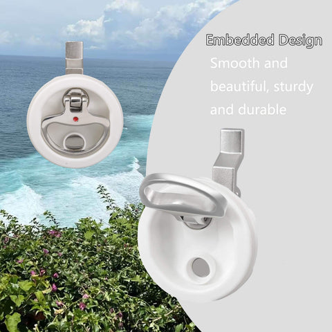 Marine Grade White Nylon Boat Cam Latch With O Handle Flush Mount Fits Two And A Half Inch Hole Non Locking Latch in scenic setting.