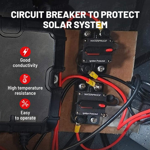 Beefy 150 Amp Marine Circuit Breaker Fuse Holder With Manual Reset Waterproof 12V To 48V DC installed on solar system
