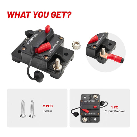 Beefy 150 Amp Marine Circuit Breaker Fuse Holder With Manual Reset showing components including screws and circuit breaker.