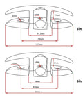 Stainless steel marine folding cleat for yachts and kayaks; front-view diagram with mounting holes and dimensions.