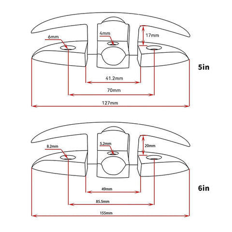 Stainless steel marine folding cleat for yachts and kayaks; front-view diagram with mounting holes and dimensions.