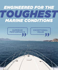 Boat on water with text 'Engineered for the toughest marine conditions' and quotes 'Superior performance', 'Exceptional value'.