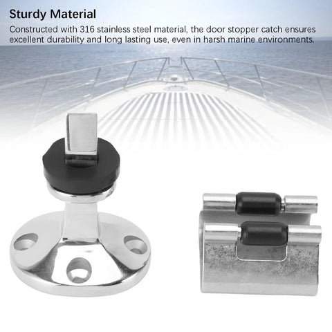 Qqmora door stopper catch and holder, 316 stainless steel, polished finish, base with screw holes and black bumper