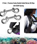 Marine Grade 4 Inch Double Ended Clips Bolt Snaps With SS316 Spring Stainless Steel shown with scuba gear for marine use