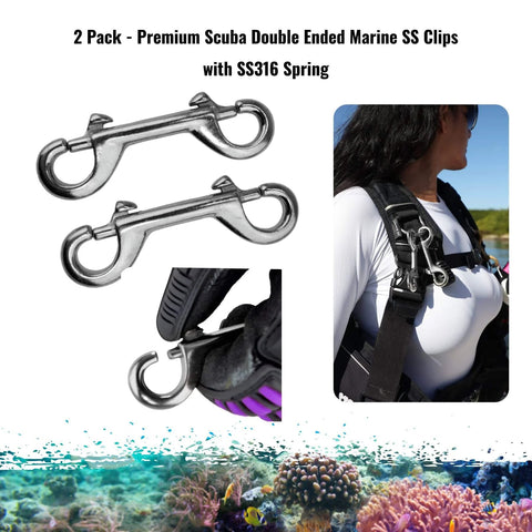 Marine Grade 4 Inch Double Ended Clips Bolt Snaps With SS316 Spring Stainless Steel shown with scuba gear for marine use