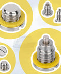 4 Pack Marine Lower Unit Drain Plugs For Mercury MerCruiser Outboard Gear Case Thread Size Three Eighths By Sixteen With Gaskets Magnetic And Non Magnetic Screws Kit For Quick Leak Proof Seal And Easy Maintenance, showing a close-up view of metallic plugs and gaskets.