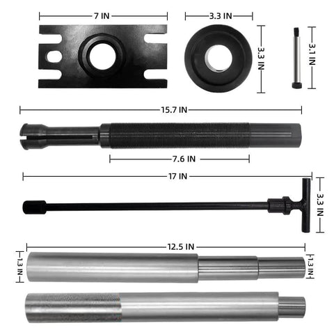 Mercruiser Engine Alignment Tool And Gimbal Bearing Puller Set For Alpha, Alpha One, MR, Bravo, OMC, And Volvo, showing parts dimensions