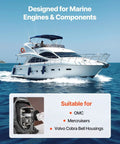 Boat on water with inset showing compatible engines: OMC, Mercruiser, Volvo Cobra; related to Alpha Bravo Gimbal Bearing Alignment Puller Set