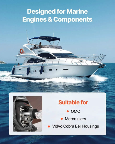 Boat on water with inset showing compatible engines: OMC, Mercruiser, Volvo Cobra; related to Alpha Bravo Gimbal Bearing Alignment Puller Set