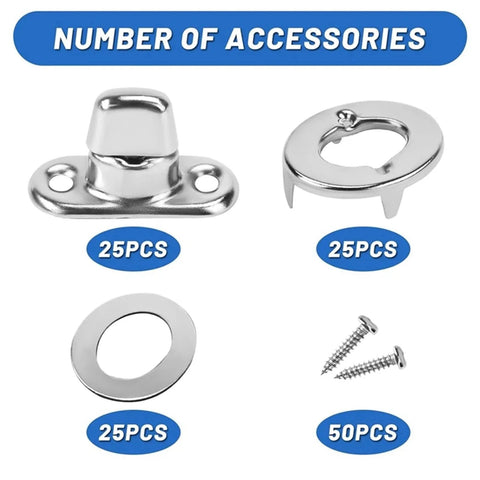 KaiYeA twist lock fasteners set for canvas boats; 25 base plates, 25 turn buttons, 25 washers, 50 screws (stainless).