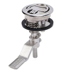 ZIZEV stainless steel flush floor lock with spring-loaded cam latch; chrome top cap and black seal (close-up)