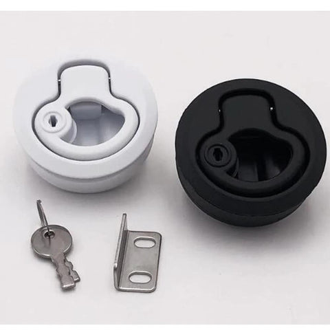 Four pack marine flush pull latch set for RVs and boats, secure deck and cabinet doors with a durable ABS body and zinc alloy lock core