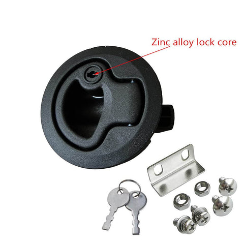 Four pack marine flush pull latch set for RVs and boats, black ABS body, zinc alloy lock core, includes keys and screws