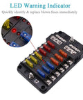 Marine Fuse Block Panel with LED Warning Indicator and Damp Proof Cover, 12 Circuits with Negative Bus and Screw Terminals, DC 12-24V