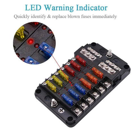 Marine Fuse Block Panel with LED Warning Indicator and Damp Proof Cover, 12 Circuits with Negative Bus and Screw Terminals, DC 12-24V
