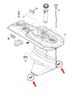 Schematic of gearcase showing installation points for 3/8-16 Oil Drain Plug Kit For Mercury Mariner MerCruiser Outboard Gearcase Lower Unit.