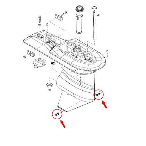 Schematic of gearcase showing installation points for 3/8-16 Oil Drain Plug Kit For Mercury Mariner MerCruiser Outboard Gearcase Lower Unit.