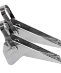 Front view of polished AISI 316 stainless steel marine anchor roller bracket with dual fluke arms