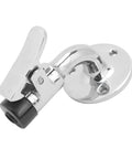 Close-up of marine door stopper latch set in polished stainless steel with base plate and lever