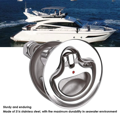 Close-up of Depisuta boat cam latch, 316 stainless steel with red dot indicator and adjustable arm for 2.05in hatch hole.