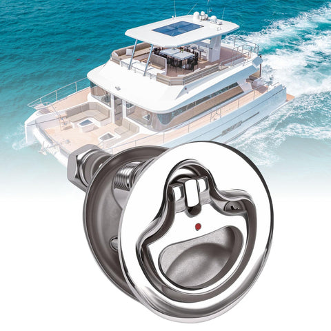 Close-up of Depisuta marine cam latch in 316 stainless steel with red dot indicator and adjustable arm