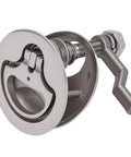 Boat cam latch, front view, 316 stainless steel with red dot indicator and adjustable arm, 2.05in hole.