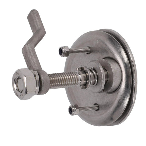 Side view of boat cam latch, marine-grade 316 stainless steel with red dot indicator and adjustable arm for 2.05in hatch hole