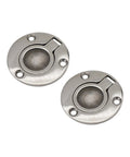 Two round stainless steel deck hatch locking plates with screw holes and butterfly bolt slot