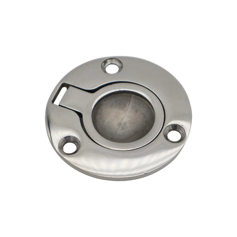 Round stainless steel deck hatch locking plate with three screw holes and butterfly bolt recess