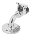 Door stopper catch, angled view in marine-grade 316 stainless steel with curved arm and mounting base