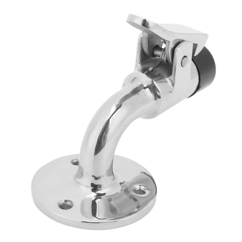 Door stopper catch, angled view in marine-grade 316 stainless steel with curved arm and mounting base