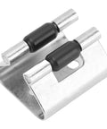 Front view of Qqmora door stopper catch and holder in polished 316 stainless steel with black pin sleeves.