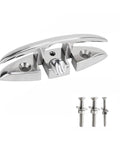 Stainless steel folding boat cleat with mounting screws; marine-grade hardware for yachts and kayaks (pack of 1).
