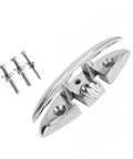Front view of stainless steel marine folding cleat with mounting screws for yachts and kayaks.